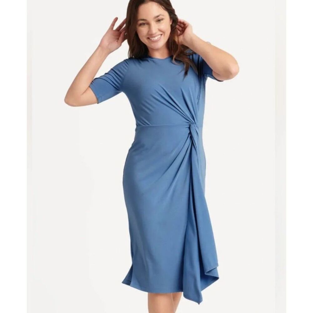 Betabrand Blue Twist Front Midi Dress Short Sleeve Draped Stretch | SZ Large